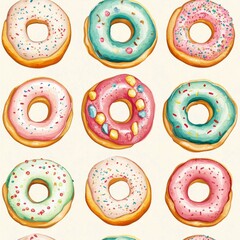 Fototapeta premium A colorful array of donuts showcases delightful designs and vibrant colors against a neutral background, evoking a playful, sugary atmosphere filled with joy and creativity