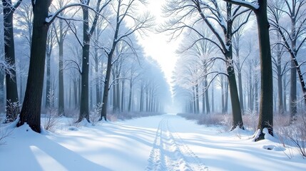 Fototapeta premium Serene Winter Wonderland Snow-Covered Path Through a Frost-Kissed Forest of Tall Trees