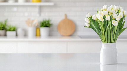 Freshly cleaned kitchen with sparkling white countertop and floral arrangement