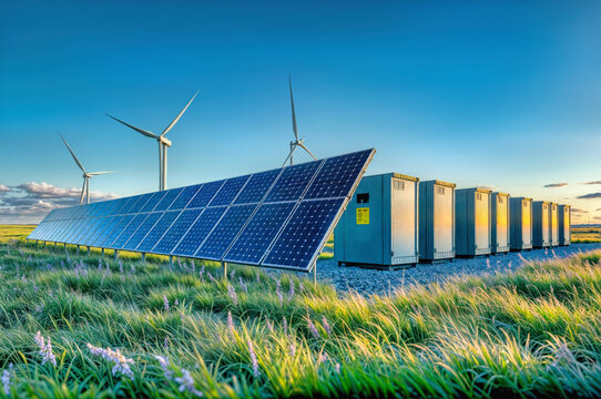 Hybrid renewable energy facility with wind turbines, solar panels and battery storage containers in green rural field. Clean power generation system for sustainable electricity grid. Nature friendly