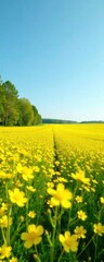Obraz premium Vibrant Yellow Flowers Blooming in a Lush Green Field Under a Clear Blue Sky, Creating a Scenic Pathway Through Nature's Beauty