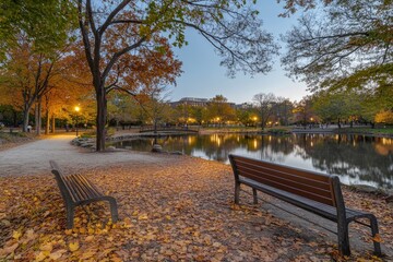 The sun shines beautifully through lush trees in a park with benches