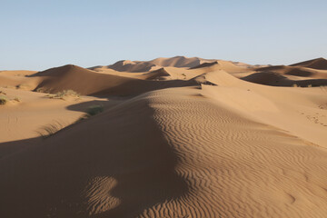 Sand hills and waves on the sand, Sahara dunes, Morocco