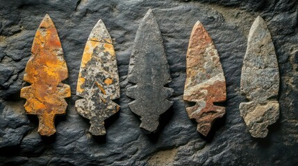 Five ancient arrowheads on dark stone background. Possible use History, archaeology teaching resource