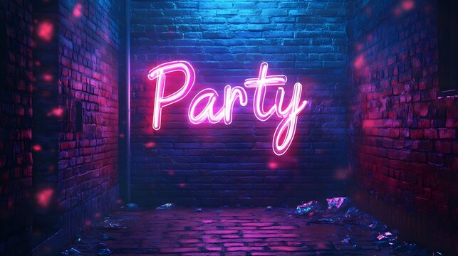 Vibrant Pink Neon Party Sign on Brick Wall Night Background