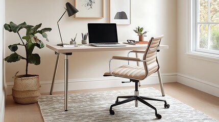 Modern Home Office Workspace With Desk Chair And Plant