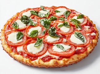 Delicious pizza with tomato sauce, cheese, and fresh basil