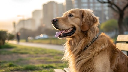 a photograph of a golden retriever dog sitting on a bench