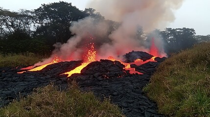 Fototapeta premium Volcanic eruption lava flow near trees