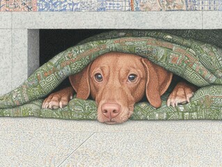 Timid dog hiding under blanket home animal portrait cozy environment close-up fearfulness
