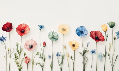 A vibrant row of colorful flowers displayed on a pristine white background