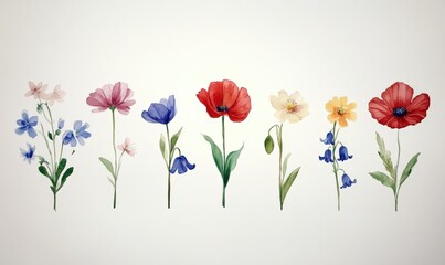 A vibrant row of colorful flowers displayed on a pristine white background