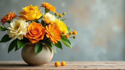 Fototapeta premium A delightful arrangement of vibrant orange and yellow roses, gerbera daisies, and button flowers, artfully displayed in a rustic earthenware vase, sits elegantly on a weathered wooden surface.