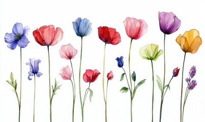 Fototapeta premium A vibrant row of colorful flowers displayed on a pristine white background