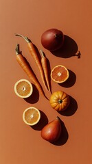 Arrangement of orange fruits and vegetables including pumpkin, carrots, and citrus fruits on an orange background. Monochrome food composition with bright colors