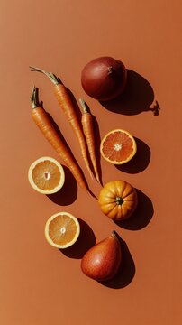 Arrangement of orange fruits and vegetables including pumpkin, carrots, and citrus fruits on an orange background. Monochrome food composition with bright colors