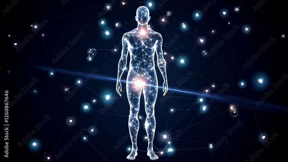 Poster Glowing human body energy field visualization with network of interconnected nodes and subtle particle effects, isolated on a dark background, in slow motion