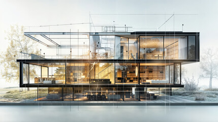 Modern glass house project showing transparent walls and interior design