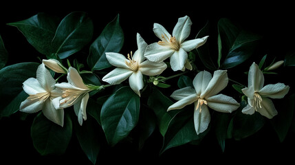 Fototapeta premium Beautiful white flowers with lush green leaves arranged artfully on a dark background