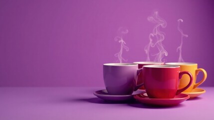 Colorful mugs steaming on a purple background, a perfect image for relaxation and warmth