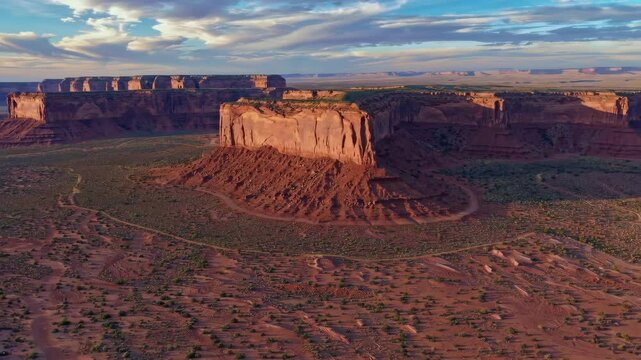 majestic desert mesa at sunset, aerial view. natural landscape and exploration concept