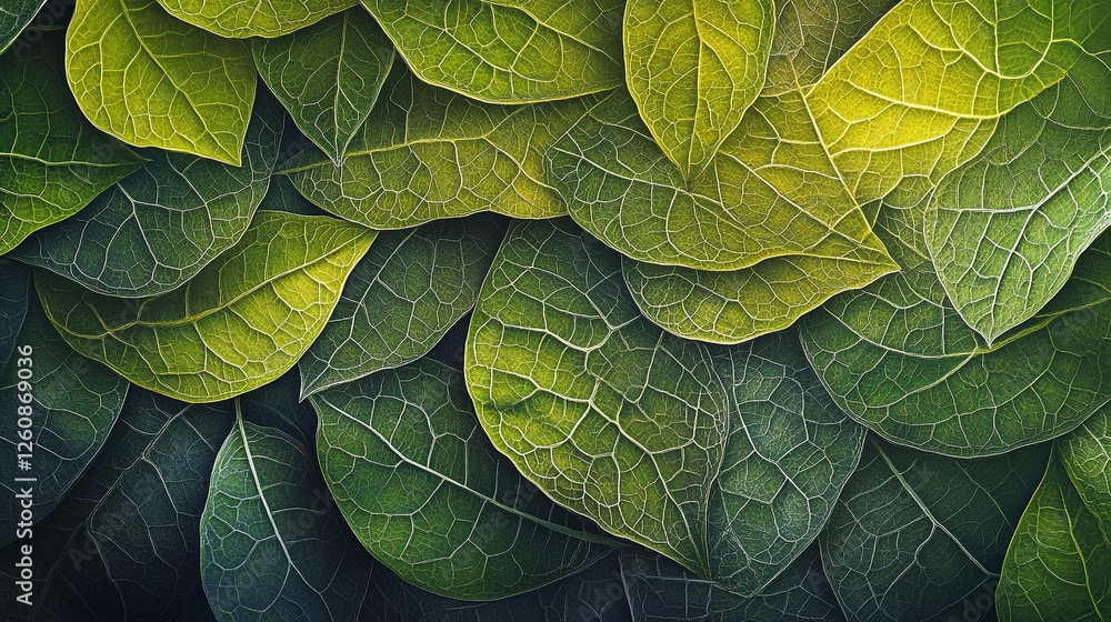Poster close-up view of various green leaves showcasing intricate patterns and textures