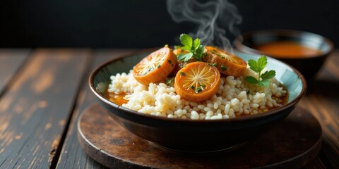 Aromatic Steamed Rice Bowl Topped with Sweet Citrus Slices and Savory Sauce, Gently Steaming, in a Rustic Bowl