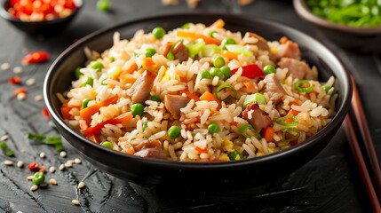 Chinese fried rice with pork and vegetables in a bowl on a black background