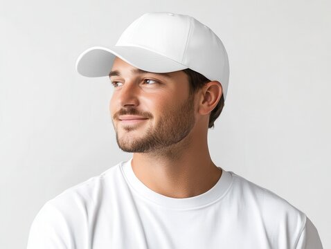 Baseball cap mockup concept. A young man wearing a white cap and shirt smiles softly, exuding a casual and approachable vibe against a neutral background.