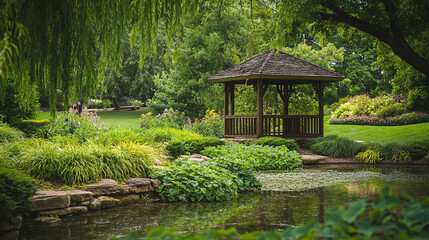 Obraz premium Tranquil garden with a gazebo surrounded by lush greenery and a serene pond