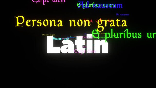 33-seconds black background Latin word  spinning rotating  latin phrases flying out screen screensaver, motion graphics animation
