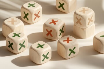 Stacked Wooden Cubes With Alternating Green Checkmarks and Red Crosses on a Neutral Background in Soft Lighting for Minimalist Design