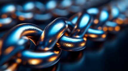 Closeup of a metallic chain links reflecting light