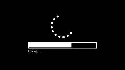 loading progress bar icon.Software updates. File transferring. White dotted round rotating Circle icon with black background.