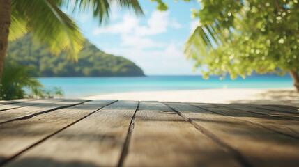 Fototapeta premium A picturesque view of a tranquil beach framed by lush palm leaves, featuring soft wooden decking and clear blue waters, inviting relaxation and escape.