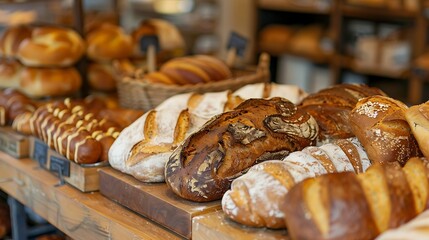Variety of bread on display at a bakery shop