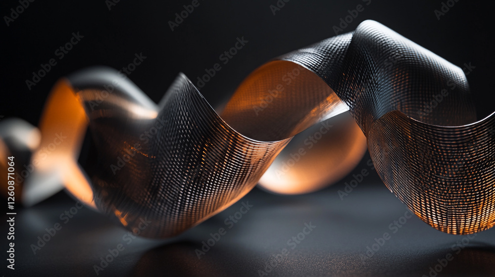 Poster sculptural ribbon of textured material illuminated with warm light in a dark setting
