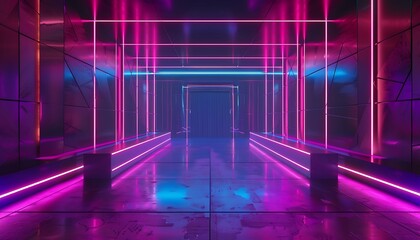 Futuristic dark corridor with neon lights, 3d rendering background