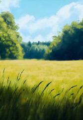 Digital Painting of a Sunny Meadow with Lush Green Trees and Blue Sky

