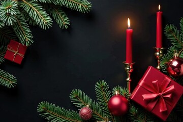 A Festive Holiday Scene with Evergreen Branches, Burning Candles, and Wrapped Gifts