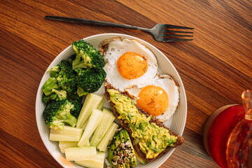 Healthy breakfast egg avocado greens and salad and raspberry tea.
