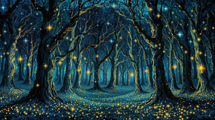 Surreal abstract painting of a forest at night where the trees glow from within, their swirling bark . The stars nest in the branches, pulsing like fireflies trapped in time