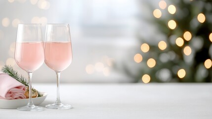 Pink Wine Glasses on Table with Christmas Lights