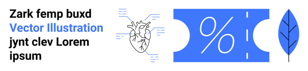 Stylized anatomical heart with lines, large percentage sign on ticket shape, and abstract leaf icon. Ideal for health, discounts, environment, science, nature marketing education. Abstract line