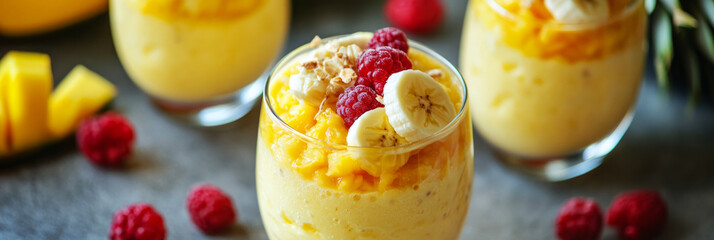 A bright and inviting scene featuring tropical smoothies in glass cups, showcasing fresh pineapple, banana, and berries, surrounded by scattered tropical fruits, banner