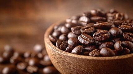 Fototapeta premium high-quality roasted coffee beans resting on a rustic wooden surface with empty space for text, highlighting the essence of fresh brewing, aroma, and smooth taste