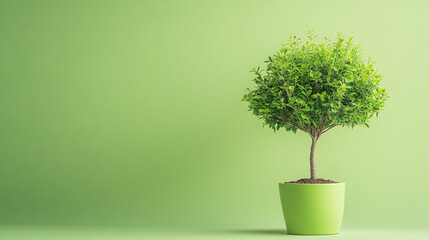 Obraz premium Small tree in pot on light green background with copy space for text, environment protection concept.