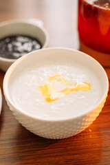 Breakfast porridge in a round bowl.