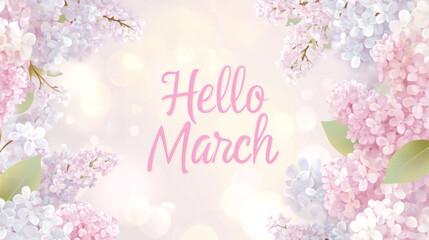 Hello March floral design with pastel lilacs and bokeh background