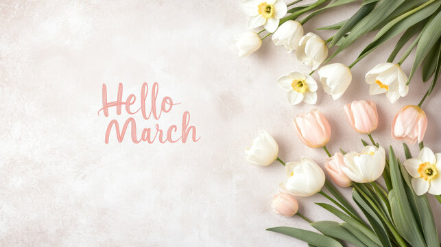 Pink tulips and bokeh light background with hello march text for spring